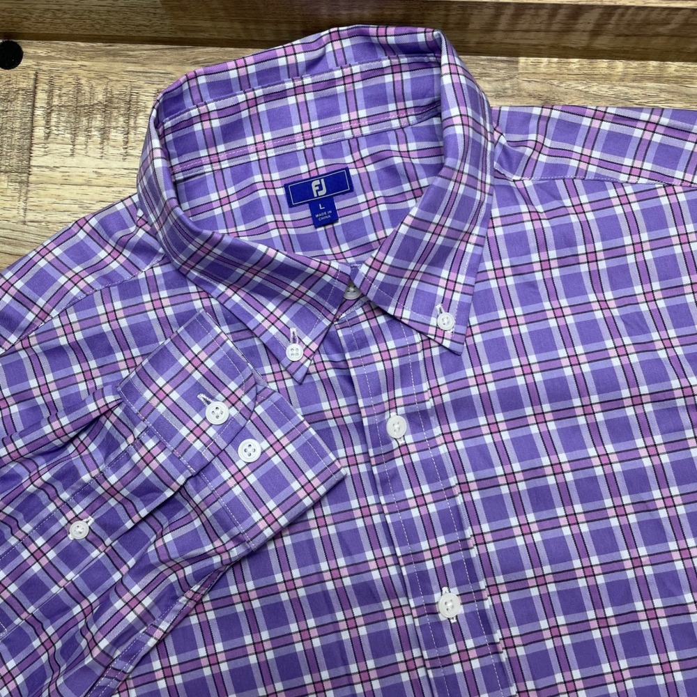 FootJoy Men Large Purple Plaid Performance Button Down Shirt Long Sleeve Stretch